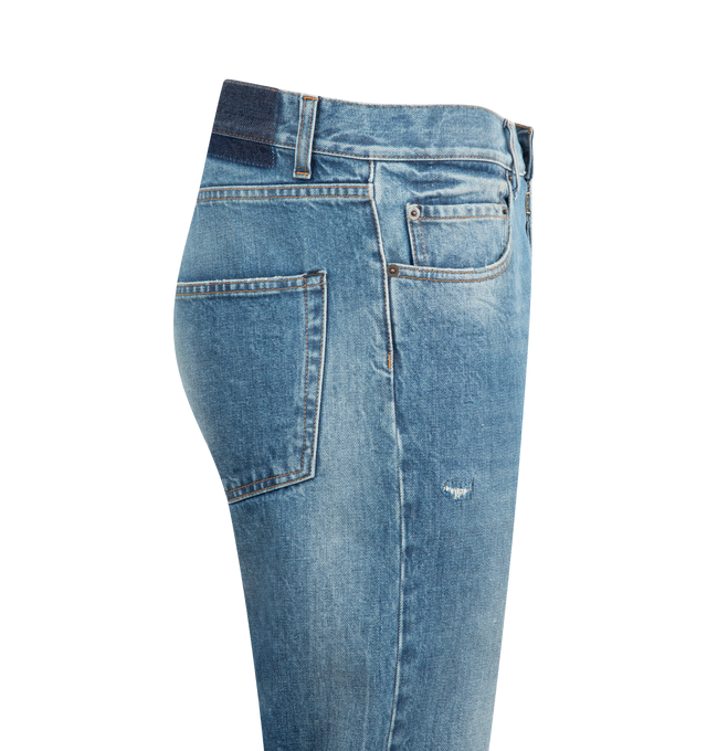 Image 3 of 3 - BLUE - MAISON MARGIELA Tapered Leg Jeans featuring a faded wash, rectangular patch and stitch detail at the upper thigh, straight leg and four stitches at the back. 100% cotton. Made in Italy.