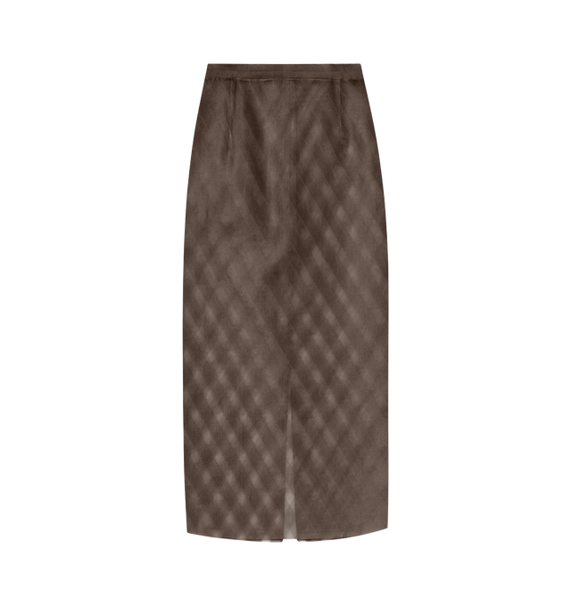 Image 1 of 2 - BROWN - Auralee Sheer Silk Cotton Jacquard Pencil Skirt crafted from fabric that is woven with silk organdy yarn for both warp and weft, creating a crisp, dry hand feel. Its most distinctive feature lies in the partial cut-outs in the ground fabric, which enhance its sheerness. The result is a translucent, clear appearance with a refined, delicate texture. 75% silk / 25% Cotton. Made in Japan.