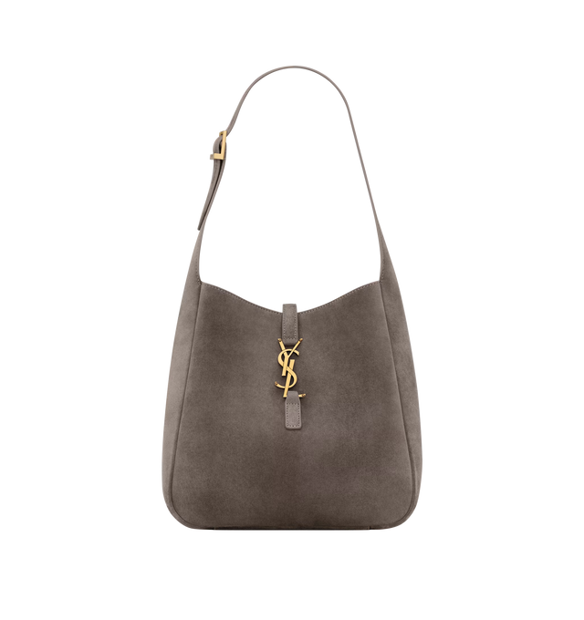 Image 1 of 4 - BROWN - SAINT LAURENT Le 5  7 Small Suede Bag featuring a removable zip pouch, leather tab closure decorated with the cassandre, adjustable strap, cotton lining and bronze-tone hardware. 9" x 8.7" x 3.1". Strap drop: 8.3". Calfskin. Made in Italy.