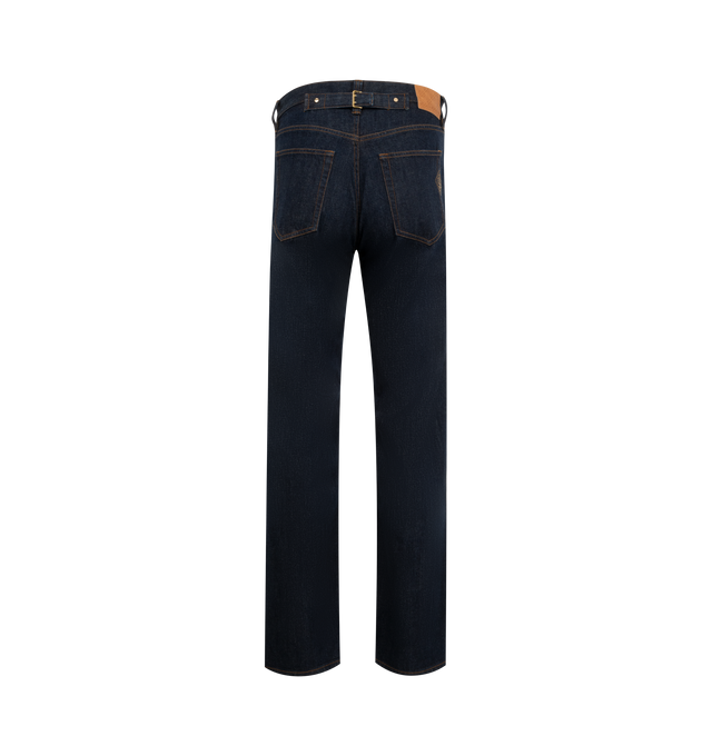 Image 2 of 3 - BLUE - CASABLANCA Laurel Selvedge Denim Jeans featuring embroidered interlocking CC logo, belt loops, front and back pockets, gold-plated branded hardware, and a zip closure. 100% cotton.