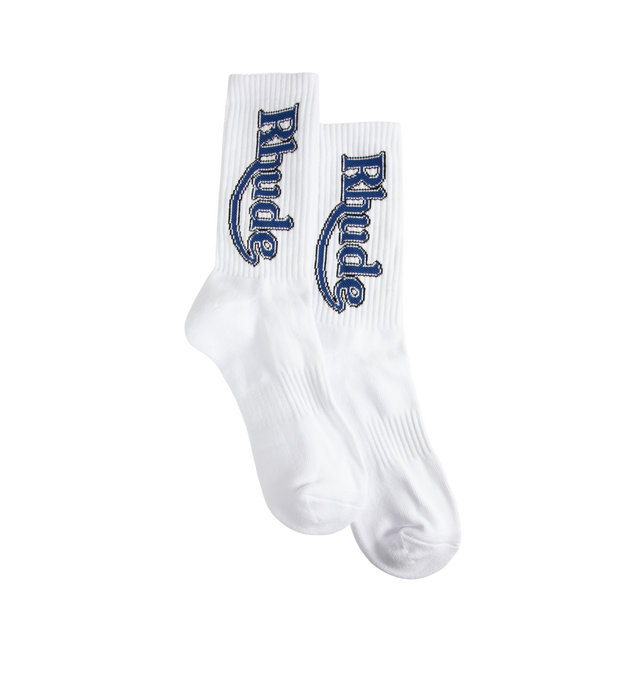 Image 1 of 2 - WHITE - Rhude Mens Vertical Race Trackt Socks are crafted from a cotton, polyester, and spandex blend. Feature a ribbed jersey construction and signature vertical Rhude logo. Main Material: 80% Cotton, 12% Polyester, 8% Spandex.