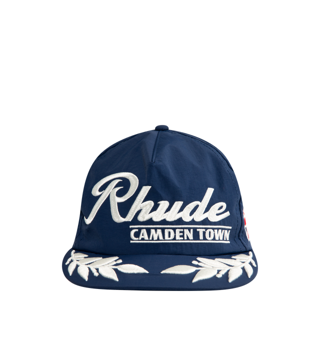 Image 1 of 3 - NAVY - RHUDE Camden Town Hat featuring adjustable back strap, flat brim and logo on front.