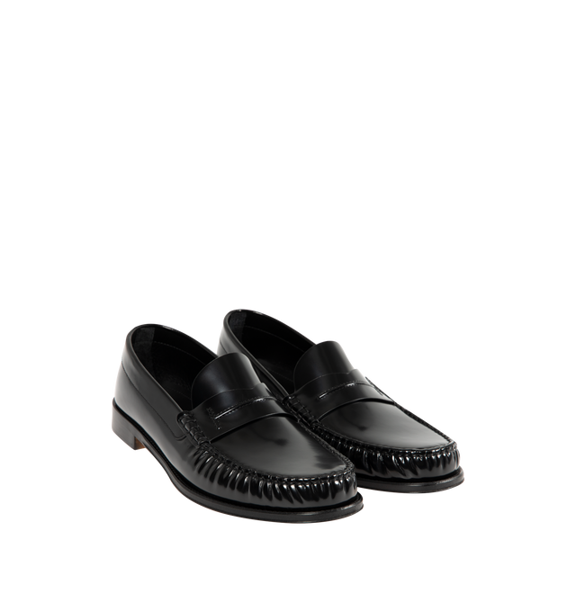 Image 2 of 4 - BLACK - TOM FORD Burnished Leather Loafers featuring patent leather loafers, gathering at moc toe, strap at vamp, buffed leather and suede lining, stacked leather heel and leather sole. Leather. Made in Italy.