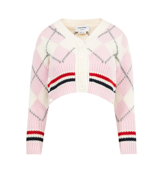 Image 1 of 2 - PINK - THOM BROWNE Argyle Intarsia Merino Wool Shrunken Cardigan featuring fine merino wool, shrunken fit, front button closure with striped grosgrain placket, 2 front slip pockets and signature striped grosgrain loop tab. 97% virgin wool, 3% polyamide. Made in Italy.