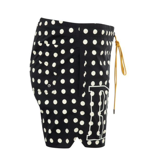Image 3 of 3 - BLACK - RHUDE Polka Dot Swim Shorts featuring polka dot pattern printed throughout, drawstring at elasticized waistband, three-pocket styling, logo printed at front, vented cuffs and stretch mesh briefs-style underlay. 100% polyester. Lining: 85% nylon, 15% spandex. Made in United States. 