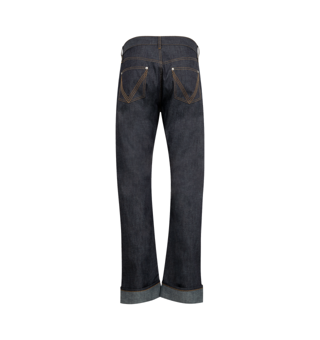 Image 2 of 3 - BLUE - BOTTEGA VENETA Rinsed Indigo Wide Leg Jeans featuring turned up hem in lightweight rinsed indigo washed denim, an Intrecciato suede back patch, wide leg and button fly. 100% cotton. Made in Italy.
