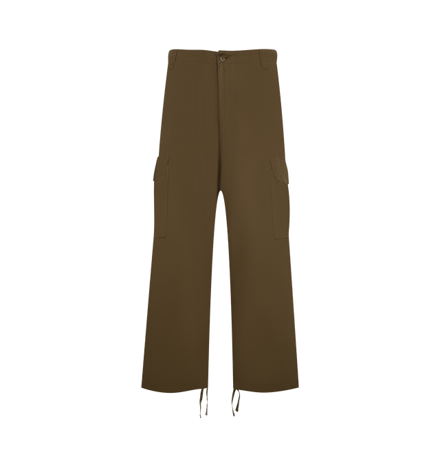 Image 1 of 3 - BROWN - Carhartt WIP Mens Kade Cargo Pants are crafted from midweight Columbia ripstop cotton. Feature a relaxed straight fit with a regular waist, button closure, adjustable waistband and leg openings, cargo pockets, side pockets, back flap pockets, bartack stitching at stress points, zip fly, and woven Square Label. Main Material: 100% Cotton Ripstop. Made in Tunisia.