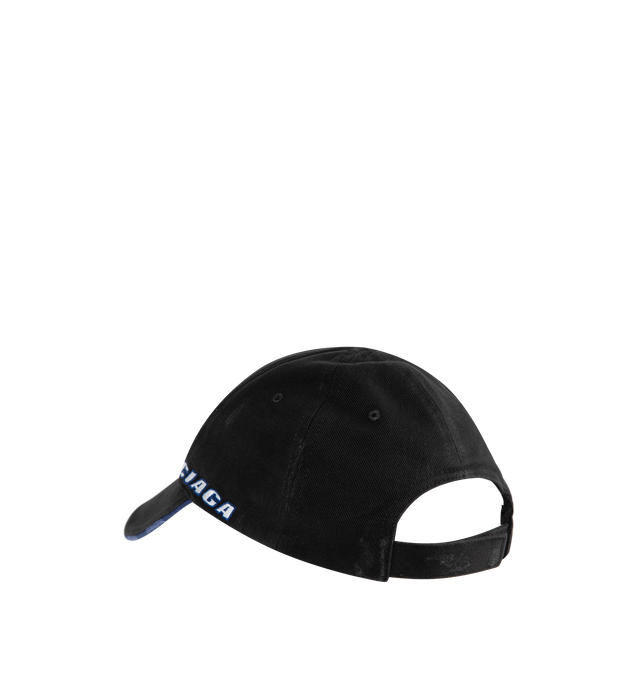 Image 2 of 2 - BLACK - BALENCIAGA Tilted Typo Cap featuring cotton drill, classic baseball cap shape, ventilation eyelets embroidered on top, adjustable hook and loop tab at back and tilted typo artwork embroidery. 100% cotton. Made in Italy.