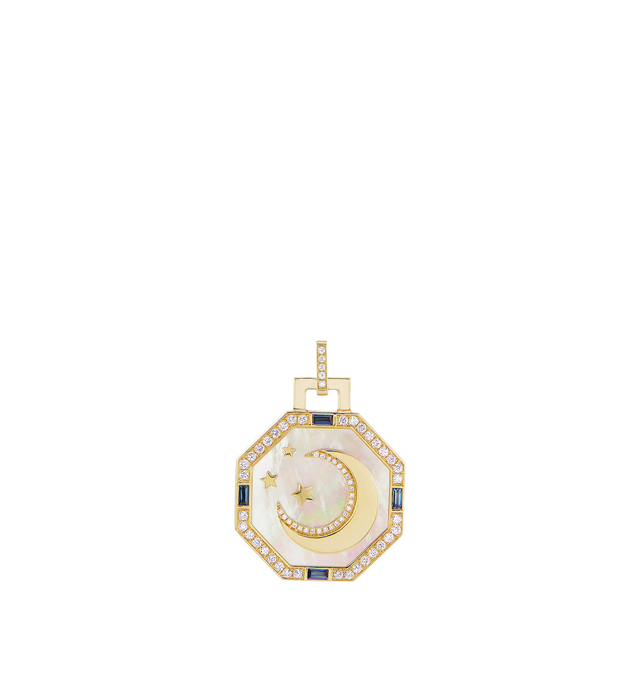 Image 1 of 1 - GOLD - SORELLINA Octagonal La Luna Pendant featuring 18K yellow gold with an 11.17 cttw mother of pearl background, 0.37 cttw sapphire, and, 0.50 cttw G-H/SI diamonds. 30 mm x 25 mm.