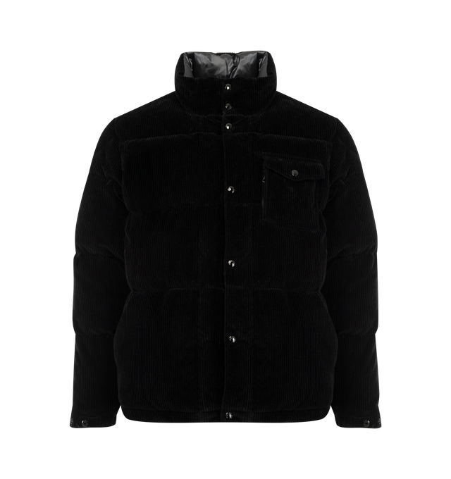 Image 1 of 4 - BLACK - MONCLER Serrant Corduroy Short Down Jacket featuring polyester lining, down-filled, zipper and snap button closure, zipped pockets, chest pocket with zipper and snap button closure, adjustable cuffs and hem with elastic drawstring fastening. 100% cotton. Padding: 90% down, 10% feather. Made in Romania.