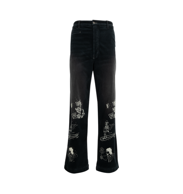 Image 1 of 3 - BLACK - COUT DE LA LIBERTE Mcqueen Stretch Chino Jean featuring corduroy fabric, long length, button zip front closure, 5 pocket style and embroidery on legs. 100% cotton. Made In USA.