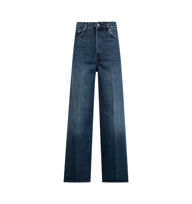 Image 1 of 4 - BLUE - TOTEME Wide Leg Denim featuring high waistline and long, wide legs that are press-creased, belt loops, five pockets and zipper fly. 100% cotton organic. Made in Italy.
