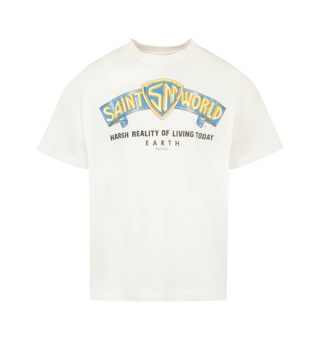 Image 1 of 2 - WHITE - SAINT MICHAEL Saint World T-Shirt featuring crew neck, short sleeves, regular fit and screen print graphic on front. 100% cotton. Made in Japan.