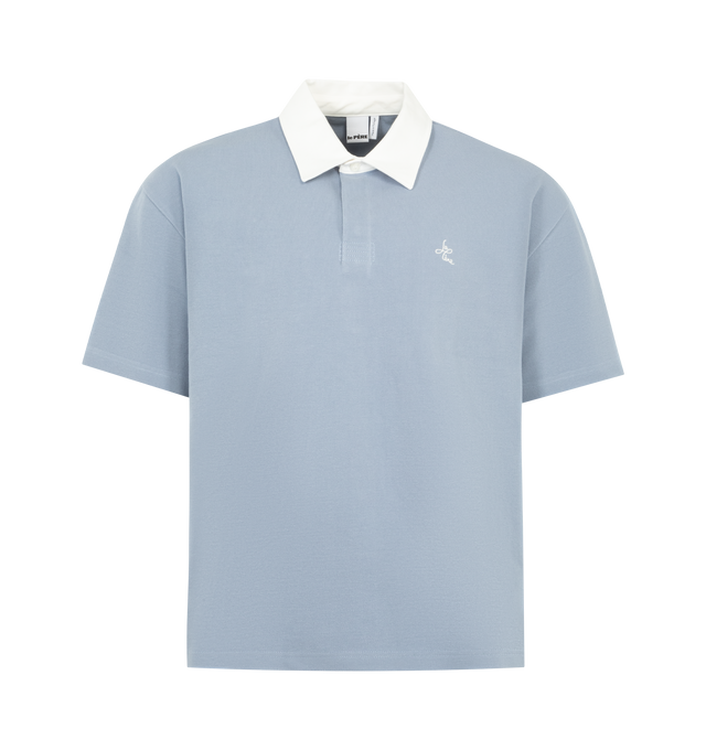 Image 1 of 2 - BLUE - LE PERE Rugby Polo featuring a crisp white point collar, concealed placket, boxy, upright fit that sits just off the body, PRE logo embroidered at the chest, short sleeves and tonal stitching throughout. 100% cotton. Made in Portugal.