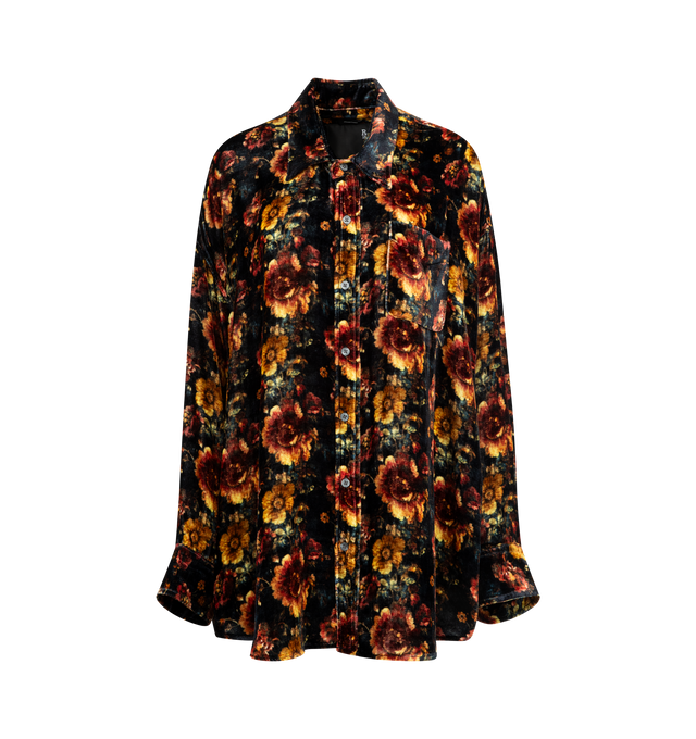 Image 1 of 2 - MULTI - R13 Drop Neck Velvet Button-Up Shirt featuring an oversize silhouette, floral print throughout, front button closure, spread collar, long sleeves with button cuffs, chest patch pocket and curved hem. 82% viscose, 18% silk. Made in the USA.