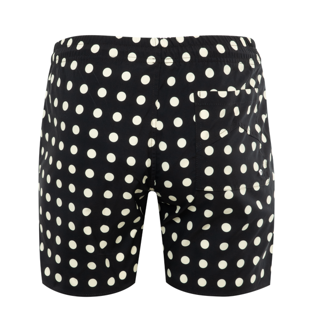 Image 2 of 3 - BLACK - RHUDE Polka Dot Swim Shorts featuring polka dot pattern printed throughout, drawstring at elasticized waistband, three-pocket styling, logo printed at front, vented cuffs and stretch mesh briefs-style underlay. 100% polyester. Lining: 85% nylon, 15% spandex. Made in United States. 
