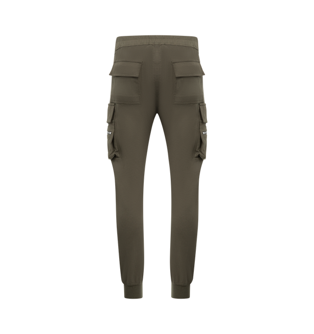Image 2 of 3 - GREEN - RICK OWENS Mastadon Cargo Pants featuring slim-fit, stretch GOTS-certified organic cotton, drawstring at elasticized waistband, four-pocket styling, button fly, pen slots at front, elasticized cuffs and cargo and zip pocket at outseams. 97% cotton, 3% elastane. Made in Italy.