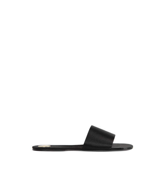 Image 1 of 4 - BLACK - SAINT LAURENT Carlyle Slide featuring round toe, thick arch band, engraved medallion on the insole and leather sole. 72% viscose, 28% silk. Made in Italy.  