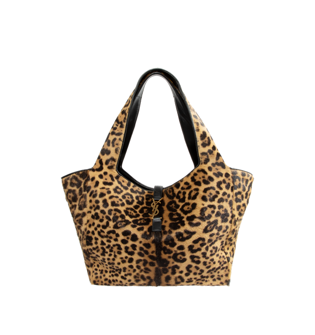 Image 1 of 3 - BROWN - SAINT LAURENT LE 5 7 Bea Bag featuring supple tote in leopard-print pony hair and nappa leather, lightweight and fully lined in suede, inner zip pocket and leather tab closure decorated with the CASSANDRE, east/west format make it both spacious and functional, while inner ties allow the sides to be collapsed or expanded to create different silhouettes. 19.7" x 11" x 7.1". Handle drop: 11". Calfskin leather.