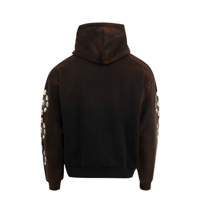 Image 2 of 3 - BLACK - BARRIERS Cowrie Shell Hoodie featuring 500 GSM french terry, hidden pocket, garment dyed, front graphic with cracked distress print and cowrie sleeves in puff print for 3D effect. 100% cotton.