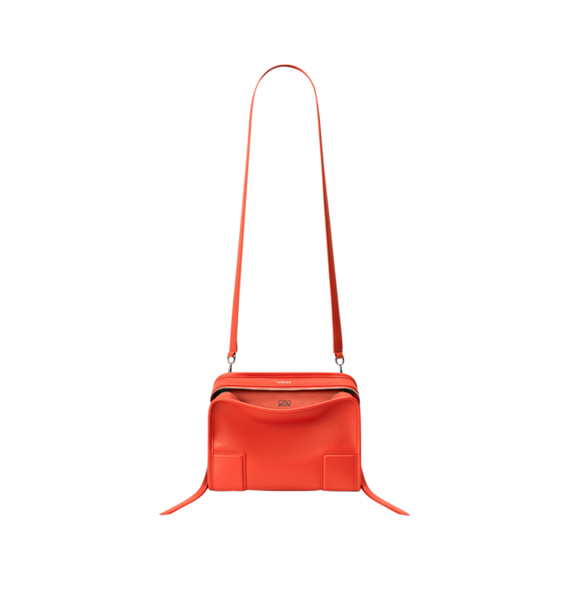 Image 11 of 17 - ORANGE - Loewe Small Amazona 180 Bag in leather features a relaxed silhouette anchored by a single toron top handle, designed to be carried open, while a concealed closure secures the main compartment, three carry options: short handle, removable shoulder strap and crossbody, zip closure with two leather zip pullers, two compartments, main compartment closed with magnetic closure, internal flat pocket, left side d-ring for customization, nappa lambskin lining, and embossed double L branding