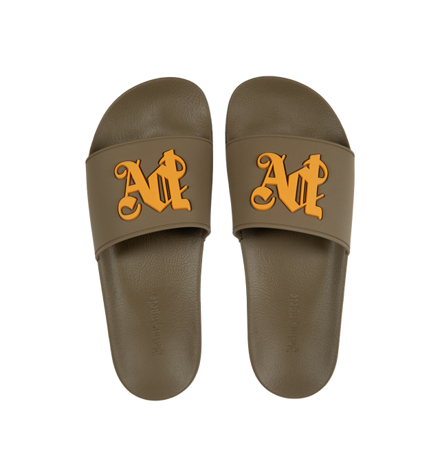 Image 4 of 4 - GREEN - PALM ANGELS PA Monogram Slides featuring embossed logo to the front, slip-on style, open toe, flat sole and moulded footbed. 100% polyurethane. 