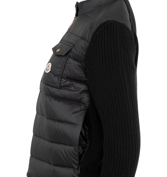 Image 3 of 3 - BLACK - MONCLER Padded Wool Zip-Up Cardigan featuring Merino wool, longue saison lining, down-filled longue saison front and collar, purl stitch and rib knit, gauge 5, zipper and snap button closure, zipped pockets, chest pocket with snap button closure and hem with drawstring fastening. 100% polyamide/nylon. 90% virgin wool, 10% cashmere. Padding: 90% down, 10% feather. Made in Turkey.