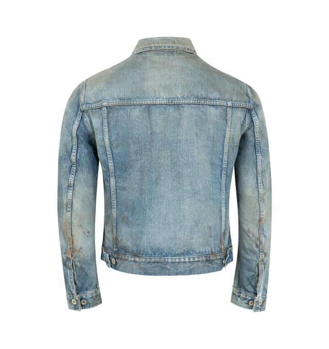 Image 2 of 3 - BLUE - DRKSHDW Trucker Denim Jacket featuring fading, staining, whiskering throughout, spread collar, button closure, button flap pockets at chest, seam pockets at waist, adjustable button vent at cuffs and button tabs at back hem. 100% cotton. Made in Japan.