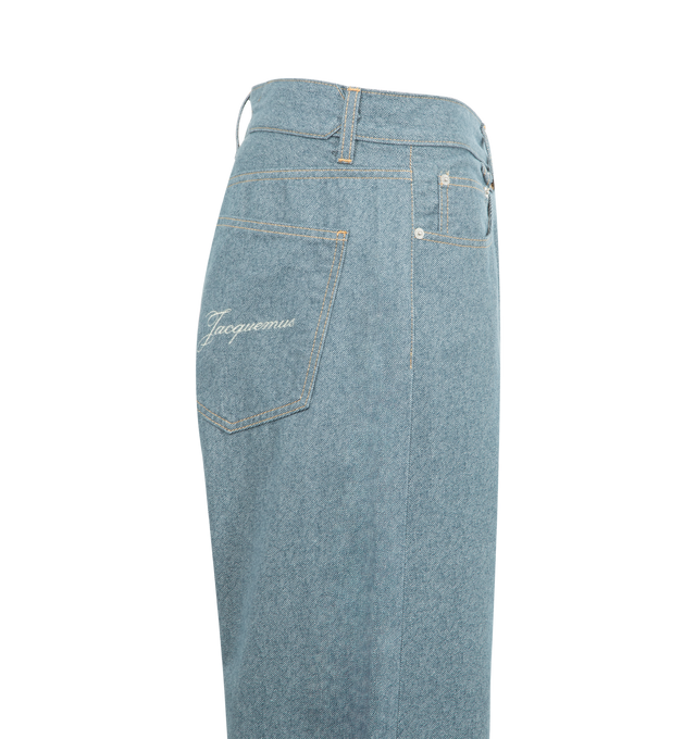 Image 3 of 3 - BLUE - JACQUEMUS Le De-Nimes Droit Straight-Leg Denim Jeans featuring button and button-fly fastening at front, straight leg, structured waistband, belt loops, classic five pockets, brand embroidered text at back and topstitch detailing. 100% cotton.