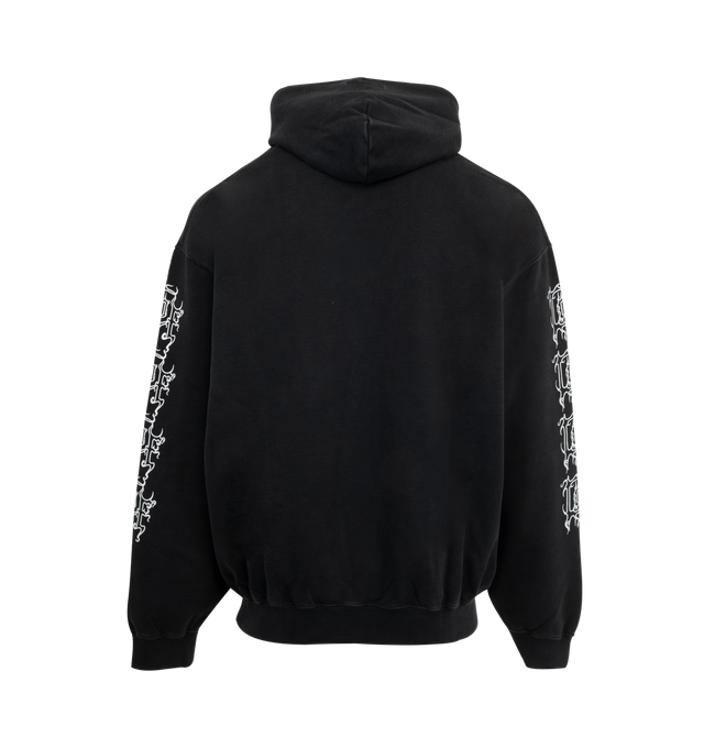 Image 2 of 2 - BLACK - VETEMENTS COF Logo Oversized Hoodie featuring oversized fit, french terry, drawstring at hood, graphic print at front and sleeves, kangaroo pocket and rib-knit hem and cuffs. Cotton. Made in Portugal.