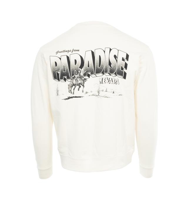 Image 2 of 4 - WHITE - ONE OF THESE DAYS Greetings From Paradise Crewneck Sweatshirt featuring vintage wash finish, pre shrunk, long sleeves and graphic on front and back. 100% cotton.  