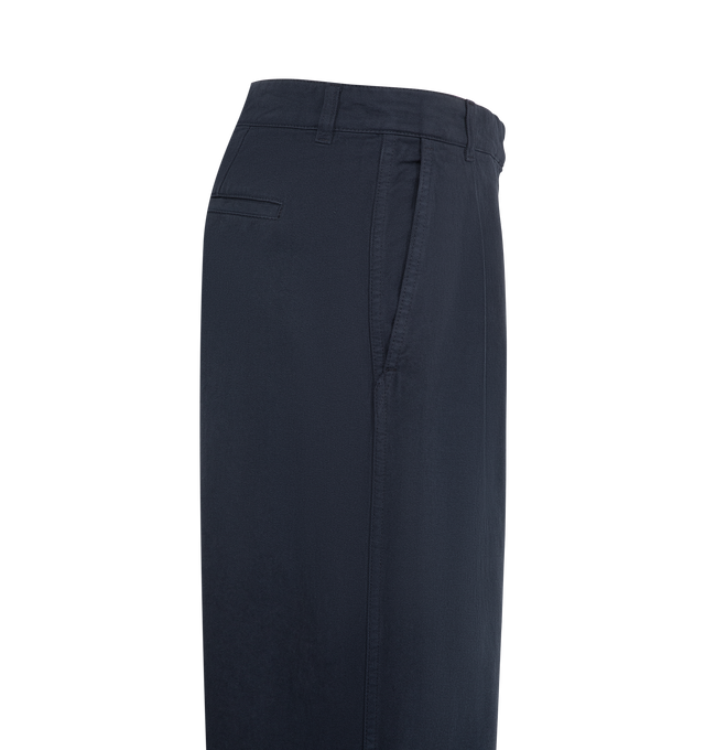 Image 3 of 3 - BLUE - The Row Women's Adler Pants are crafted from soft cotton twill and feature a relaxed mid-rise silhouette that sits naturally at the hip with a straight leg. Designed with a pleated front, side slash pockets, and a single back welt pocket, these designer trousers undergo multiple finishing treatments to create a lightly sanded, worn-in appearance with a soft, loose hand. Main Material: 100% Cotton. Fit: Relaxed, Mid-Rise, Straight Leg. Pockets: Side Slash Pockets and Single Back Welt Po