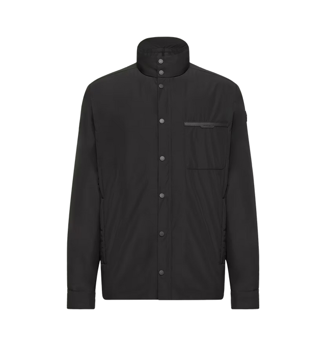 Image 1 of 1 - BLACK - Moncler Mens Yndale Short Down Jacket is crafted from Aquaflect Light material with a water-repellent finish and AirSoft lining. Features a down-filled construction, zipper and snap-button closure, zipped welt pockets, patch pocket with leather detail, adjustable cuffs with snap-button closure, and leather logo patch. Exterior: 100% Polyester; Lining: 100% Polyester; Padding: 90% Down, 10% Feather; Leather Tag: Cow; Leather Inserts: Cow. Made in Romania.