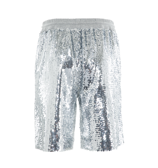 Image 2 of 4 - SILVER - LOEWE PAULA'S IBIZA Shorts crafted in medium-weight sequined cotton jersey in a relaxed fit, knee length, mid waist, wide leg featuring mirror sequins all-over, elasticated waist with drawstring and seam pockets. Main material Cotton/Elastan.  Made in: Portugal. Loewe Paula's Ibiza 2024 collection is inspired by the iconic Paula's boutique, synonymous with the counter cultural movement of 1970s Ibiza, captures the liberated vibe of summer with high impact prints, effortless styling,  