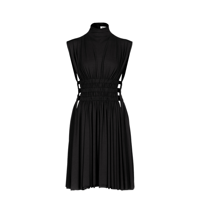 Image 1 of 1 - BLACK - Alaa Womens Mini Desse Dress is crafted from fluid jersey. Features an open back, high neckline, sleeveless silhouette, three elasticated bands at the sides, three clasps at the back of the neck, and raw edge detailing. Above-the-knee length with an A-line shape. Material: 100% Viscose. Made in Italy.