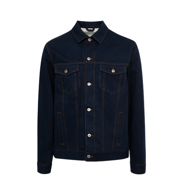 Image 1 of 3 - BLUE - BURBERRY Heavyweight Denim Jacket featuring oversized fit, Japanese heavyweight denim, rose-print lining at the cuffs, single-breasted button closure, chest button flap pockets, side welt pockets, single-button cuffs and suede patch with Equestrian Knight Design at back. 100% cotton. Lining: 58% polyester, 42% cotton. Made in Italy. 