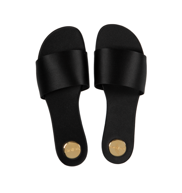 Image 4 of 4 - BLACK - SAINT LAURENT Carlyle Slide featuring round toe, thick arch band, engraved medallion on the insole and leather sole. 72% viscose, 28% silk. Made in Italy.  