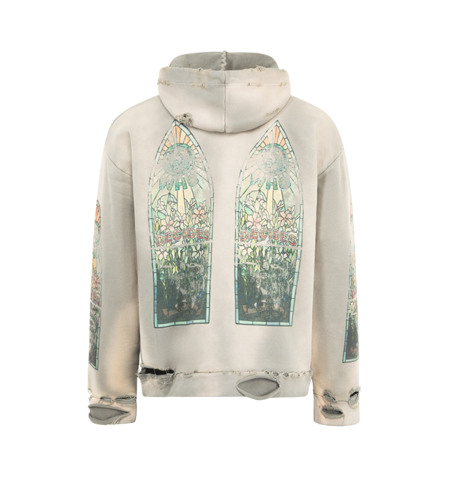 Image 2 of 2 - GREY - WHO DECIDES WAR Faded Zip Up Hoodie featuring relaxed fit, printed graphic in chapel window pattern, distressed detailing, drawstring hood and zip closure. 100% cotton.