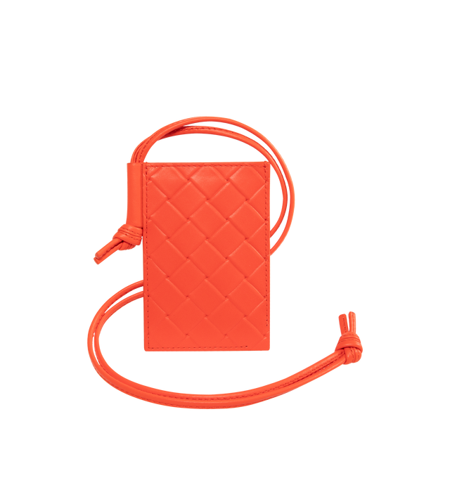 Image 1 of 2 - ORANGE - BOTTEGA VENETA Intrecciato Stamp Badge Holder featuring calf leather with embossed Intrecciato pattern, single card slot and leather strap. 4.1" x 2.8" x 0.2". Strap drop: 17.7". Calfskin. Made in Italy.