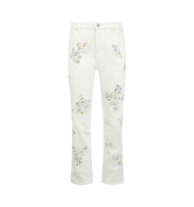 Image 1 of 3 - WHITE - LIBERTINE Porcelain Garden Boyfriend Jeans featuring a beaded floral motif, five-pocket style, mid-rise fit, straight-relaxed leg and zip fly button closure. 97% cotton, 3% elastane.