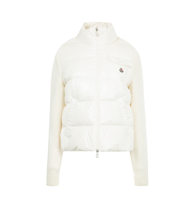 Image 1 of 3 - WHITE - MONCLER Padded Zip-Up Wool Cardigan featuring nylon lining, down-filled nylon front, gauge 5, zipper closure, pockets with button closure and logo patch. 100% polyamide/nylon. 100% virgin wool. Padding: 90% down, 10% feather.