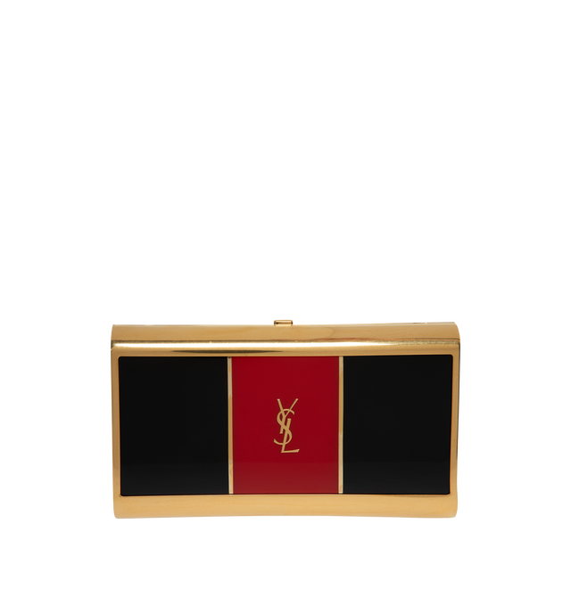 Image 1 of 3 - RED - SAINT LAURENT Minaudire Clutch featuring two-tone, decorated with the cassandre, leather lining, bronze-toned hardware and push-box clasp. 7.5" x 3.9" x 1". Strap drop: 11.8". Polyester, metal. Made in Italy.