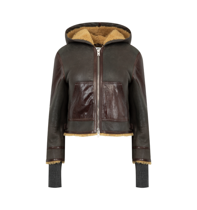 Image 1 of 3 - BROWN - ACNE STUDIOS Shearling Jacket featuring a hood and contrast panel detailing, elongated jersey sleeves, adjustable waist tabs, a metal logo plaque on the hood, fitted silhouette, waist length and two-way zip closure. 100% Lamb shearling. 100% Buffalo leather.