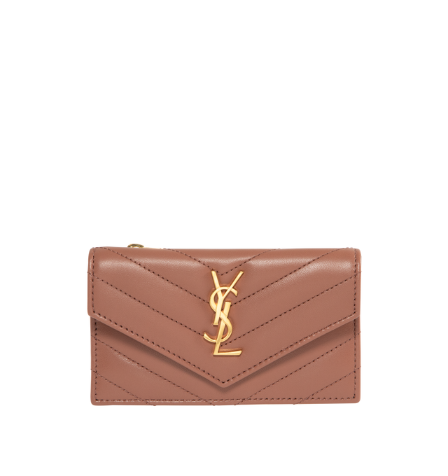 Image 1 of 3 - BROWN - Saint Laurent women's Zip card case with flap in soft nappa leather, decorated with the CASSANDRE and chevron-quilted topstitching, leather lining, gold-toned hardware, snap-button closure, one zip coin pocket and five card slots.Dimensions: 13 x 8 x 2 CM / 5.1" x 3.1" x 0.7". Calfskin leather. Made in Italy.