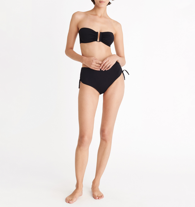 Image 3 of 6 - BLACK - ERES Show Bandeau Bikini Top featuring bust shirring at front and sides, U-shaped metal link between cups, side stays and branded large back clasp. 84% Polyamid, 16% Spandex. Made in Italy. 