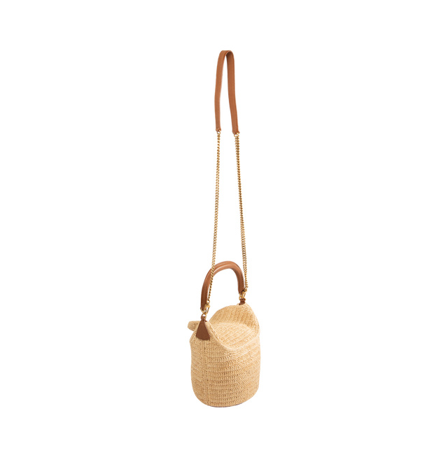 Image 2 of 3 - BROWN - SAINT LAURENT Gaby Raffia Bucket Bag featuring bucket bag in woven raffia with a semi-rigid construction, decorated with the cassandre on front, a magnetic double-flap closure, top handle in vegetable-tanned leather, a detachable leather-and-chain strap for multiple carry options, bronze-tone hardware and one card slot. 6.3" X 7.5" X 4.7". Raffia, brass, leather. Made in Madagascar.
