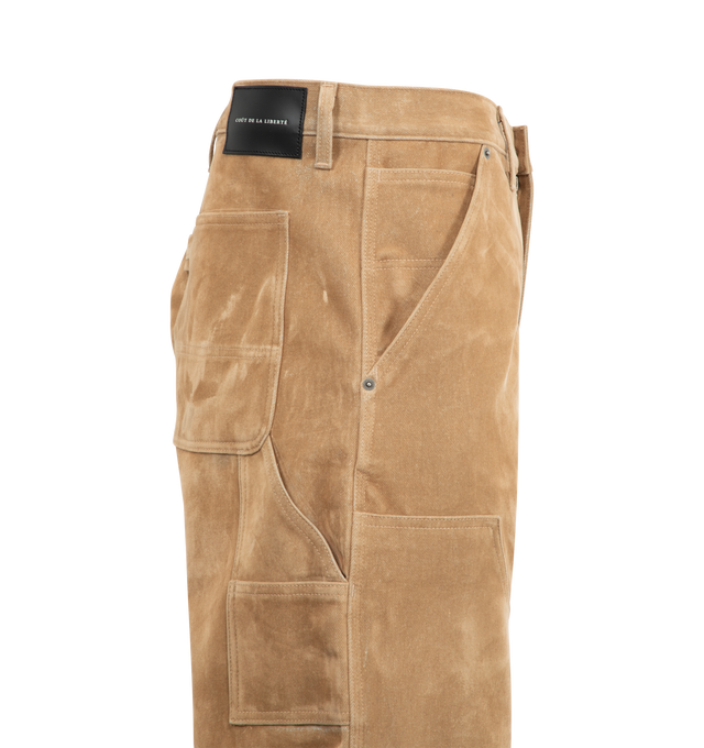 Image 3 of 3 - BROWN - COUT DE LA LIBERTE Marshall Suede Denim Carpenter Pant featuring wide legs, button zip front closure, carpenter pockets, belt loops and reinforced knees. Made In USA.