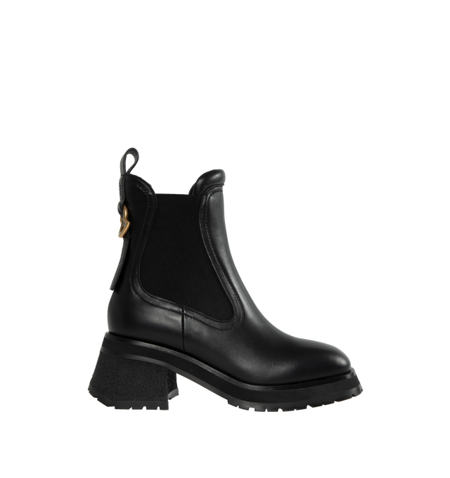 Image 1 of 4 - BLACK - MONCLER Gigi Chelsea Boots featuring a flared heel, logo outline-shaped hardware, leather upper, leather insole, leather-covered welt, l eather-covered heel, micro rubber midsole and rubber tread. Sole height 7 cm. 70% polyester, 30% elastodiene. Leather. Made in Italy. 