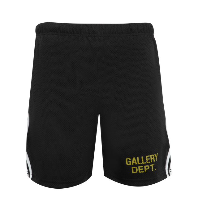 Image 1 of 3 - BLACK - Gallery Dept. Venice court shorts, featuring a refined silhouette that's slightly shorter than our last release, offering a fresh, modern fit without compromising on comfort and performance. Crafted from breathable mesh jersey with a GD ENGLISH logotype at front, balloon fit with an elasticized waistband and inner drawstring, front slip pockets, white striped piping over seams and double lining.Made in Los Angeles, CA. Material: 100% Polyester.