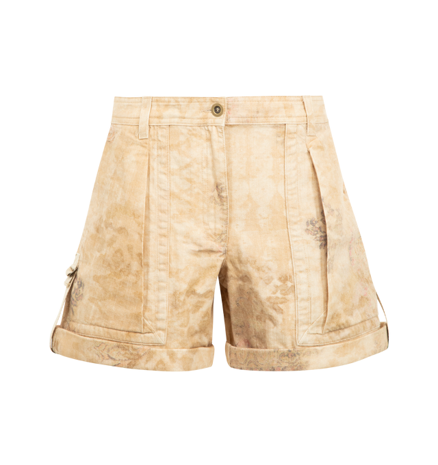 Image 1 of 3 - BROWN - ISABEL MARANT Calissy Shorts featuring lightweight cotton denim shorts with washed mandala print, flared Bermudas with front pleats, hidden bronze metal button and zipper, double side patch pockets and piped pockets with buttoned flaps on the back, turn-up hems, tone-on-tone grosgrain tabs with adjustable metal buckles, tone-on-tone double topstitching and leather label in back with an embossed "Isabel Marant" logo. 100% cotton.